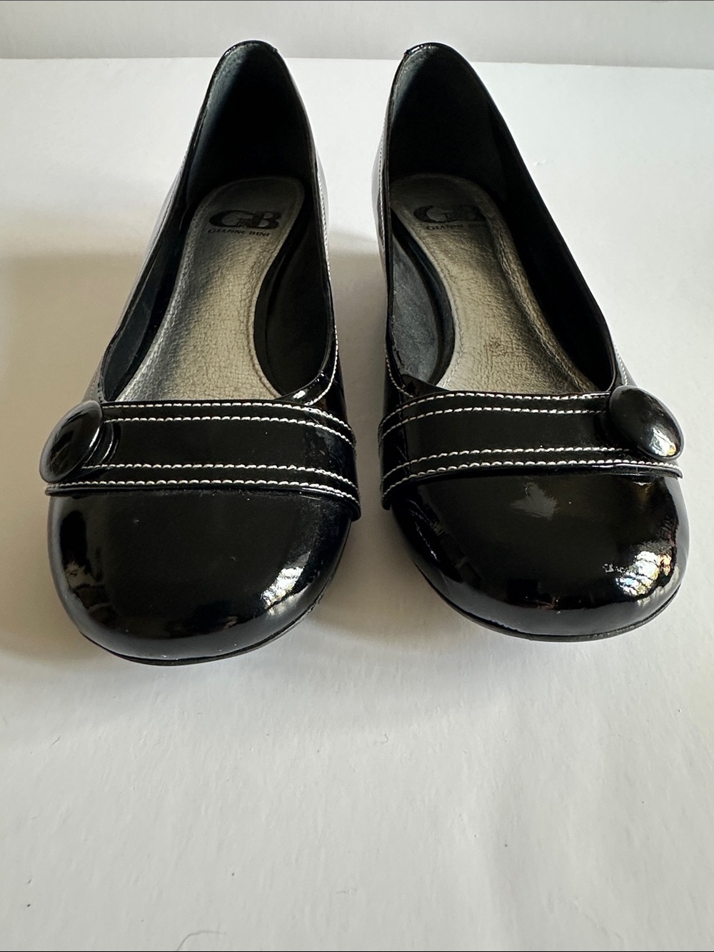 GB woman’s Black Patent Round-Toe Flats with Button Strap